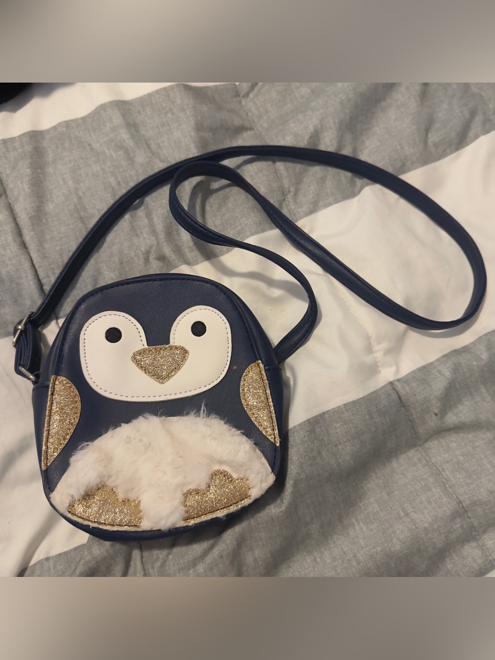 Navy Penguin Crossbody Bag with Gold Glitter & White Fur